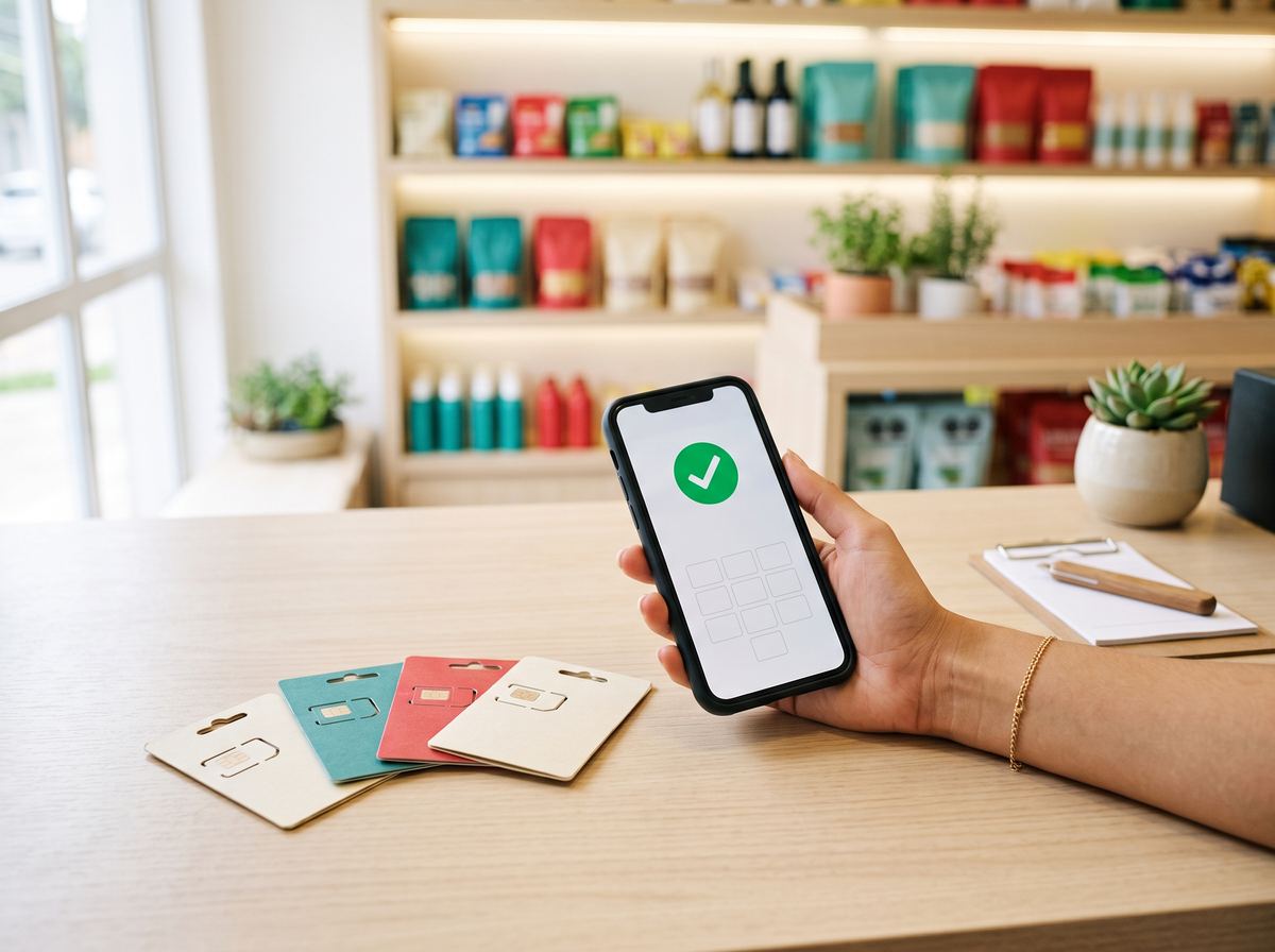 Celular com recarga confirmada e chips sobre o balcão